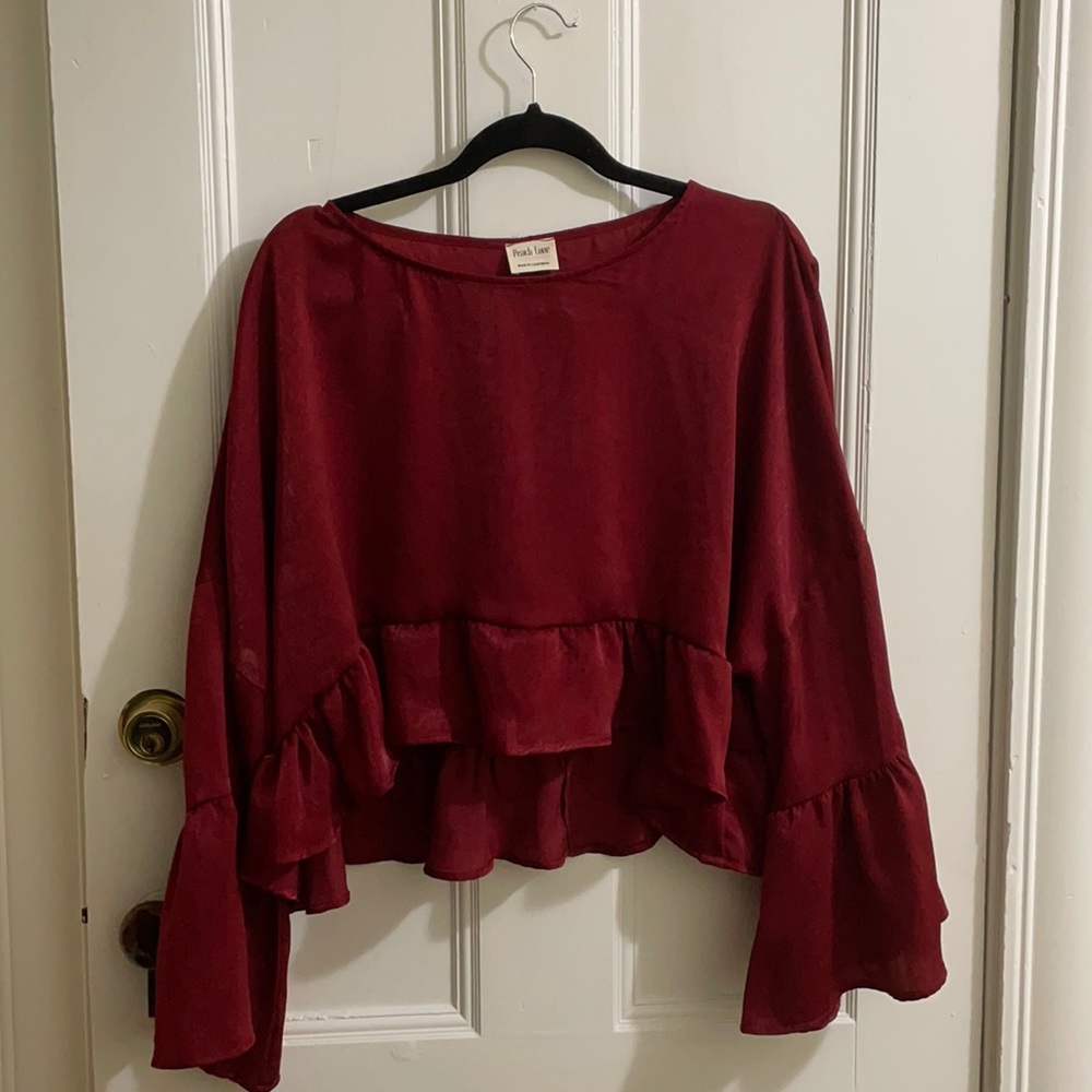 NWOT Peach Love Satin Ruffled Bell Crop Shirt